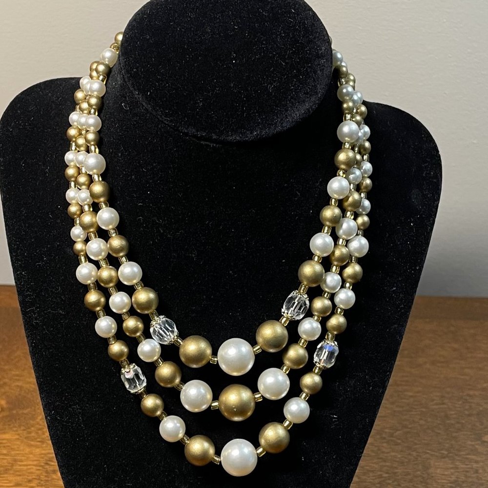 Stunning White, Gold & Clear Beaded 3-Strand Necklace.  Excellent Condition.